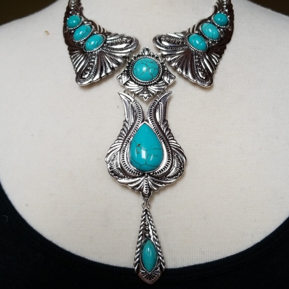 Boho Statement Necklace Turquoise Silvertone Set - Picture 4 of 7